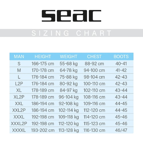 Sea Warm Dry 4mm Dry Suit Size Chart