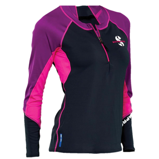 ScubaPro UPF 50 Zippered Channel Flow Women's Rash Guard - Pink/Purple/Black