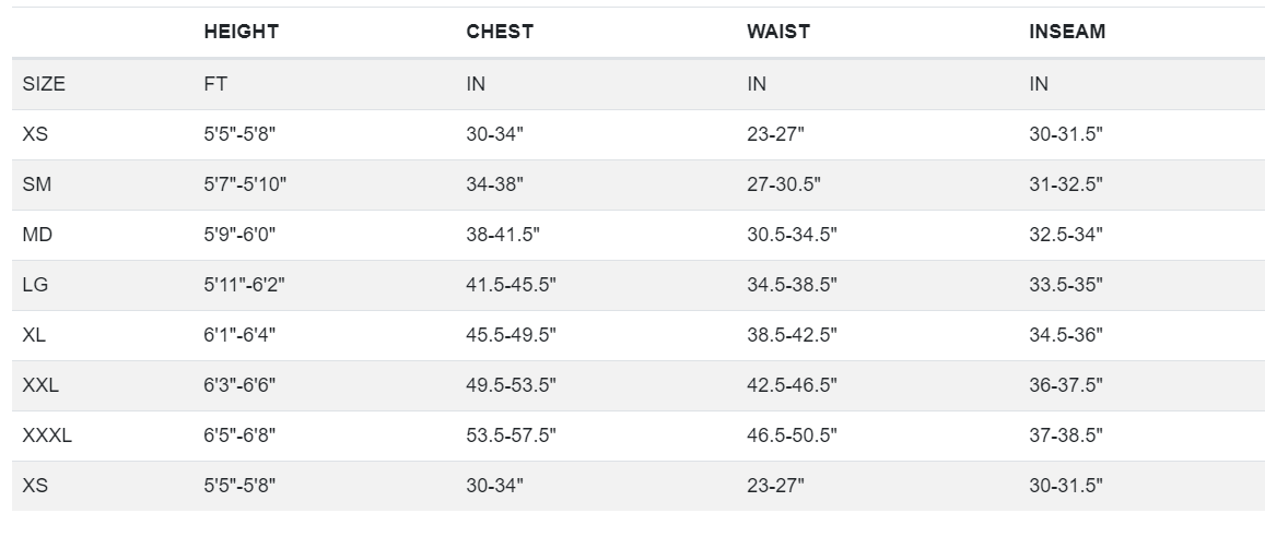 Hollis AUG 450 Men's Top Size Chart