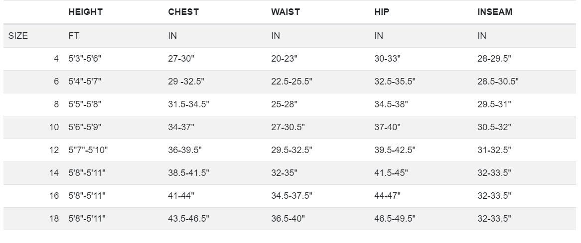 Hollis AUG 450 Women's Bottoms Size Chart