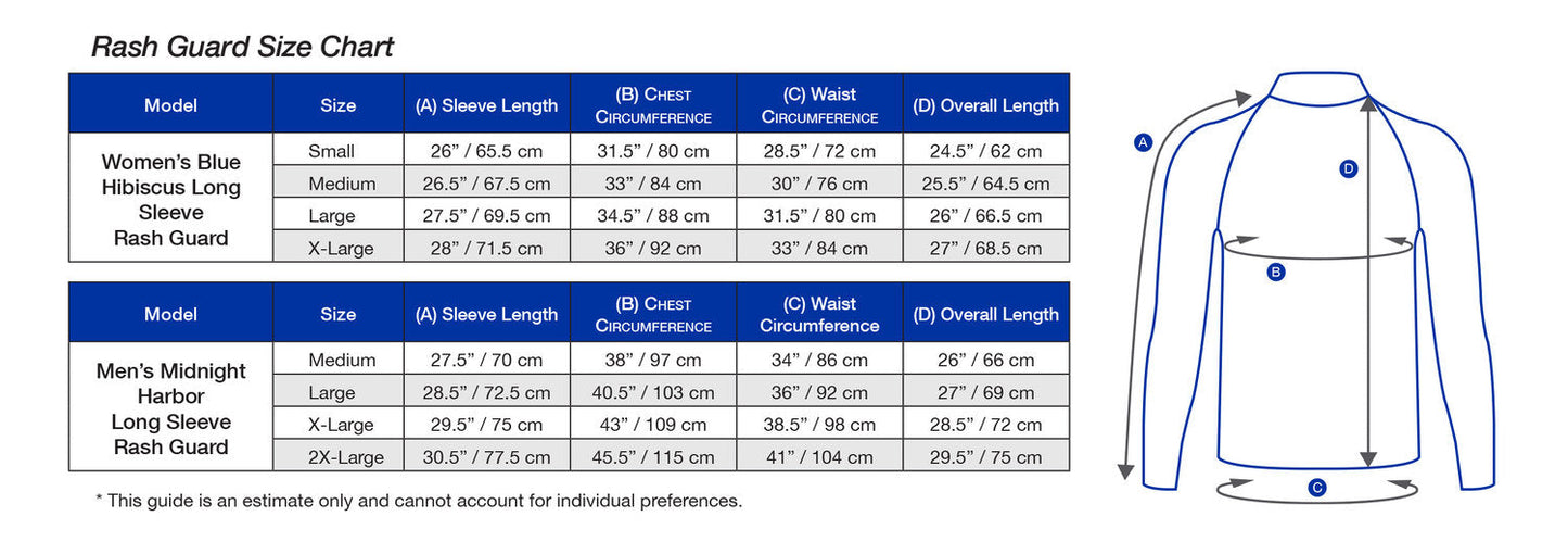 XS Scuba Rash Guard Size Chart