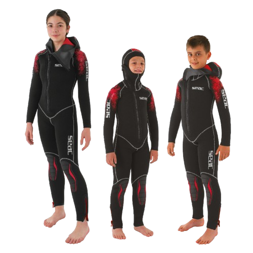 SEAC First 5mm Youth Wetsuit, Three Children of Varying Sizes/Ages, Full-Body Front View